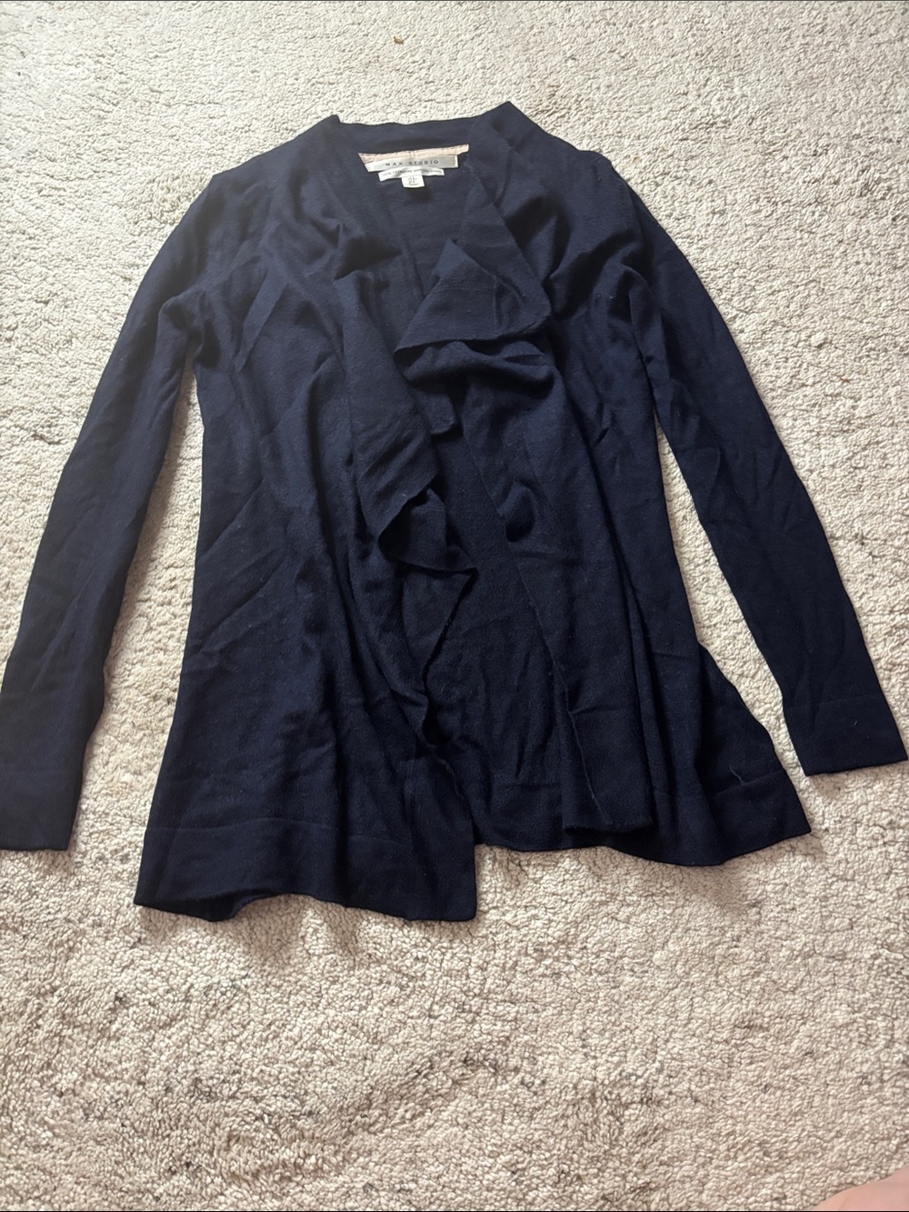 Max Studio Merino Wool Navy Ruffle-Front Open Women’s Cardigan Size S
